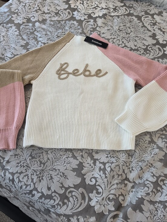 bebe Sweaters - Bebe Colorblock Ribbed Logo Sweater Pink Cream Camel NWT